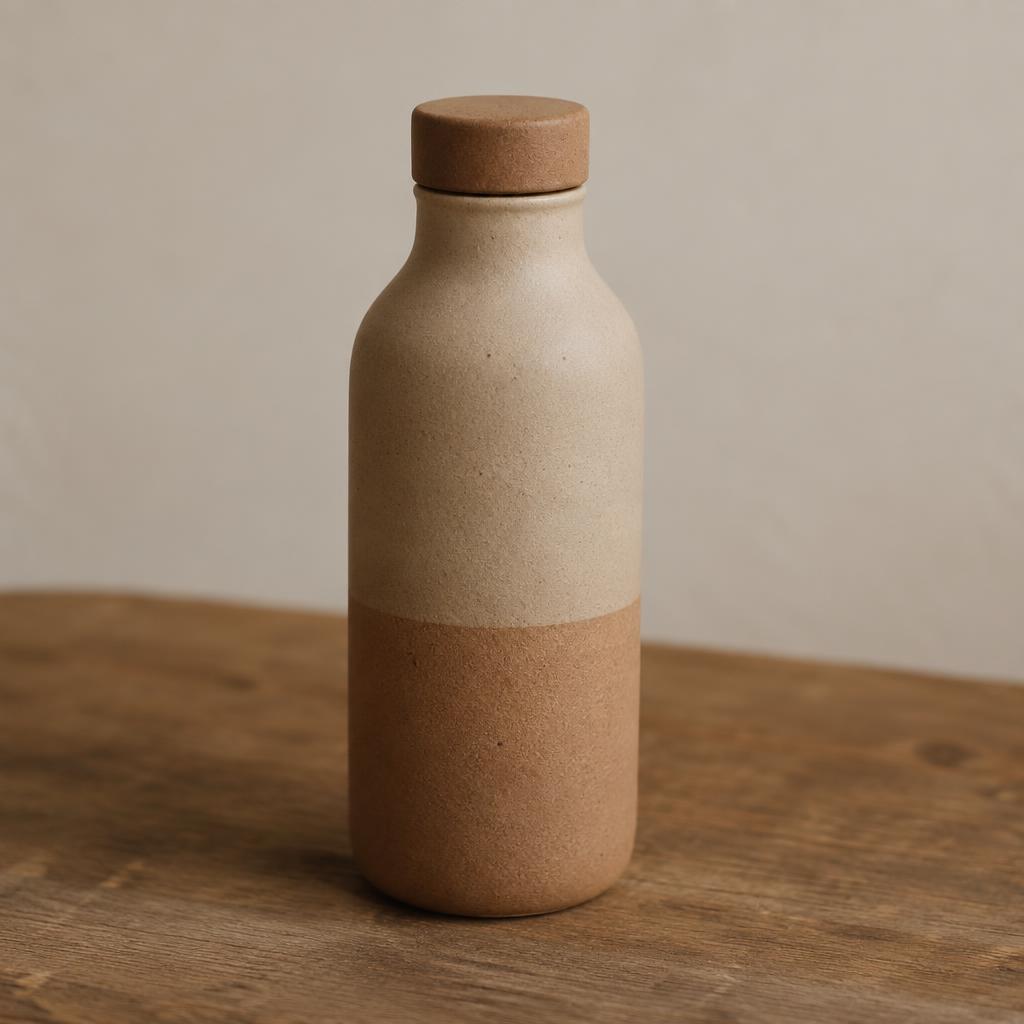 Small ceramic water bottle in muted clay tones