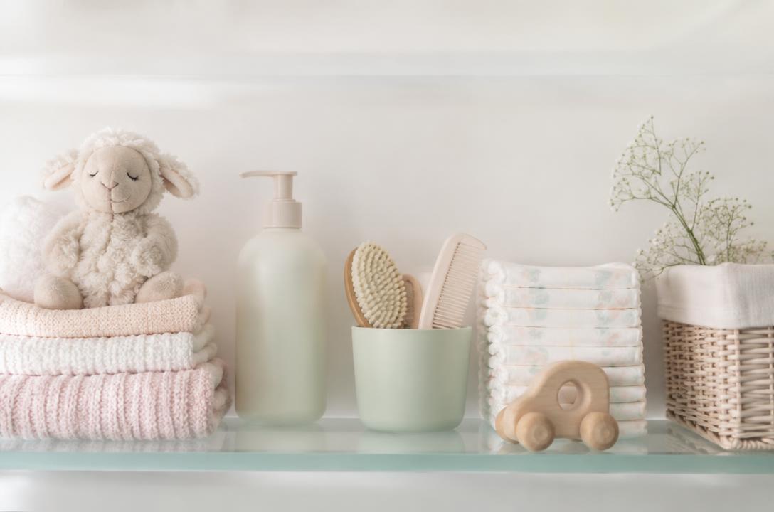 Softly lit nursery essentials arranged on a frosted shelf