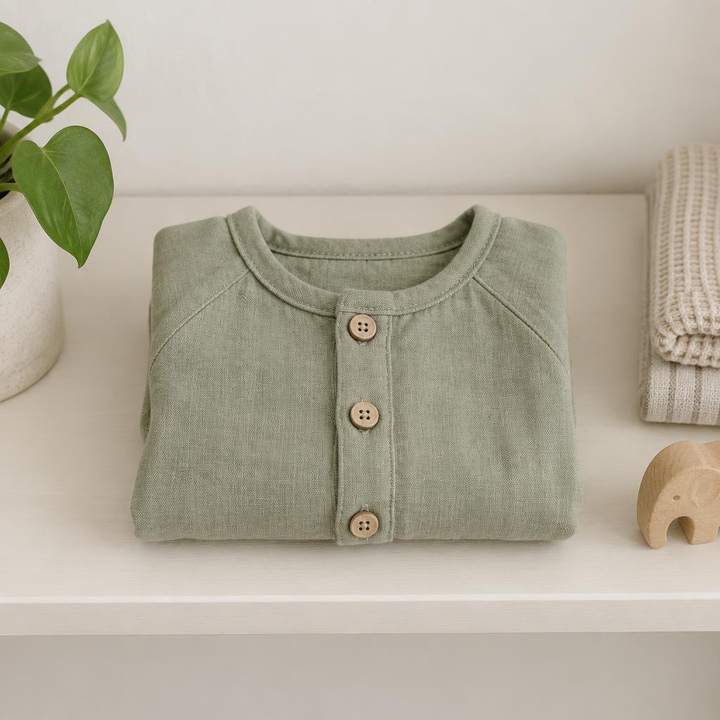 Folded linen onesie in soft sage